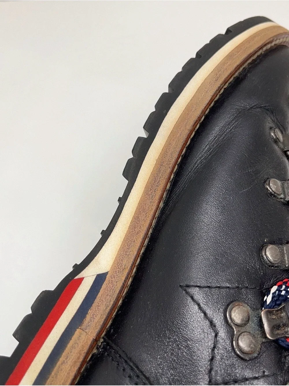 Moncler Black Leather Hiking Boot with Red White Blue Accent Laces